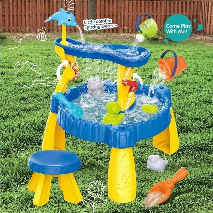 Matadi Masuta 2in1 de apa si nisip pentru copii Sand and Water Toy cu scaunel 2 nivele jucarii incluse picioare robuste dimensiune 56x56x635 cm