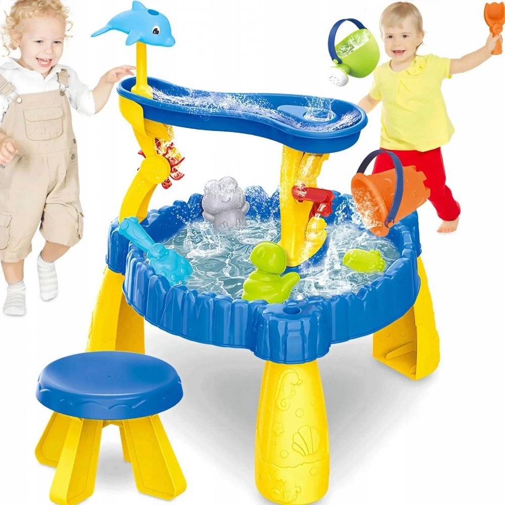 Matadi Masuta 2in1 de apa si nisip pentru copii Sand and Water Toy cu scaunel 2 nivele jucarii incluse picioare robuste dimensiune 56x56x635 cm