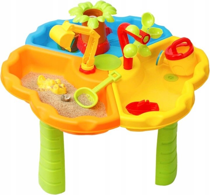 Matadi Masuta de activitati 2in1 pentru apa si nisip cu 3 compartimente scaunel inclus moara de apa galetusa stropitoare si forme nisip