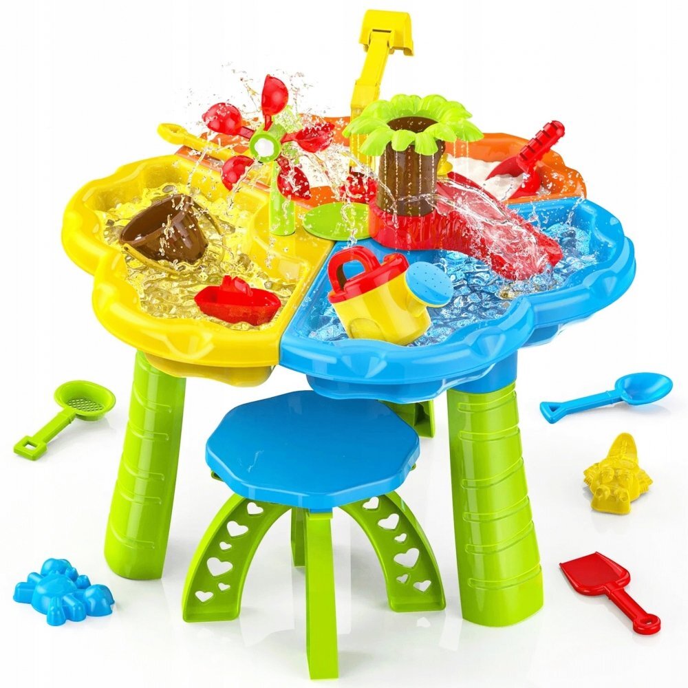 Matadi Masuta de activitati 2in1 pentru apa si nisip cu 3 compartimente scaunel inclus moara de apa galetusa stropitoare si forme nisip