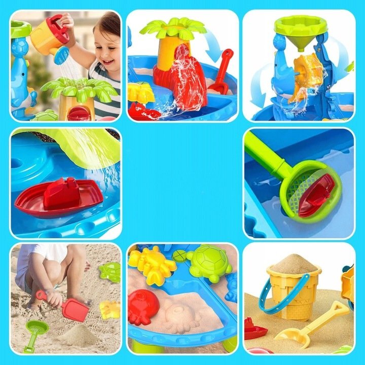Matadi Masuta de activitati copii 2-in-1 pentru apa si nisip 4Waves cu scaunel inlcusforme de nisiplopaticamoara de apa si accesorii