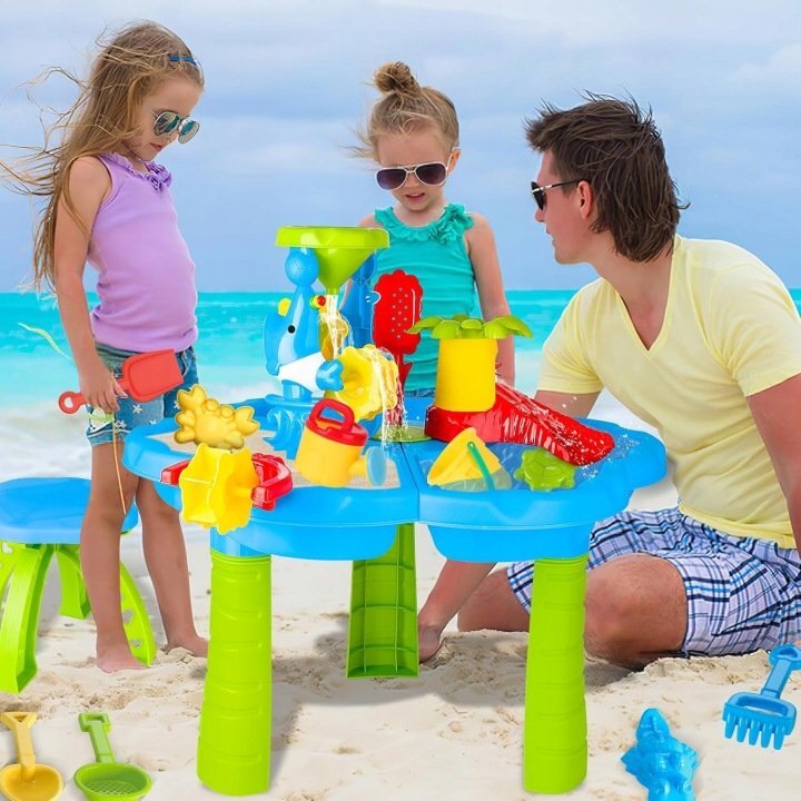 Matadi Masuta de activitati copii 2-in-1 pentru apa si nisip 4Waves cu scaunel inlcusforme de nisiplopaticamoara de apa si accesorii
