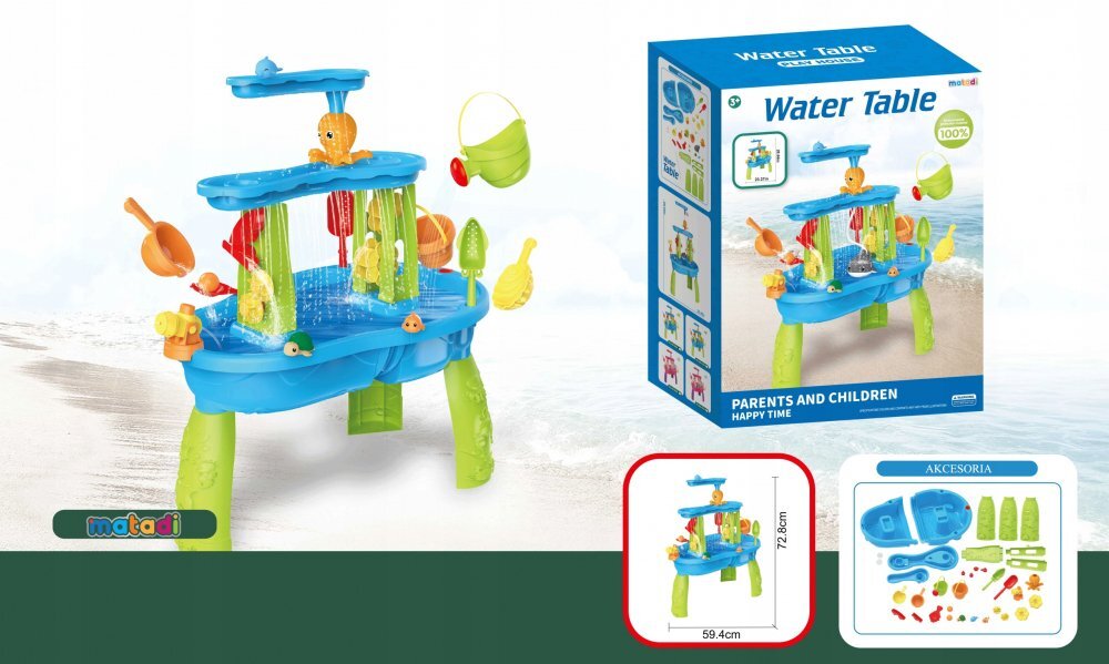 Matadi Masuta de activitati pentru apa si nisip cu stropitoare galeata lopeti si forme dimensiune 72.8 x 34 x 59.4 cm