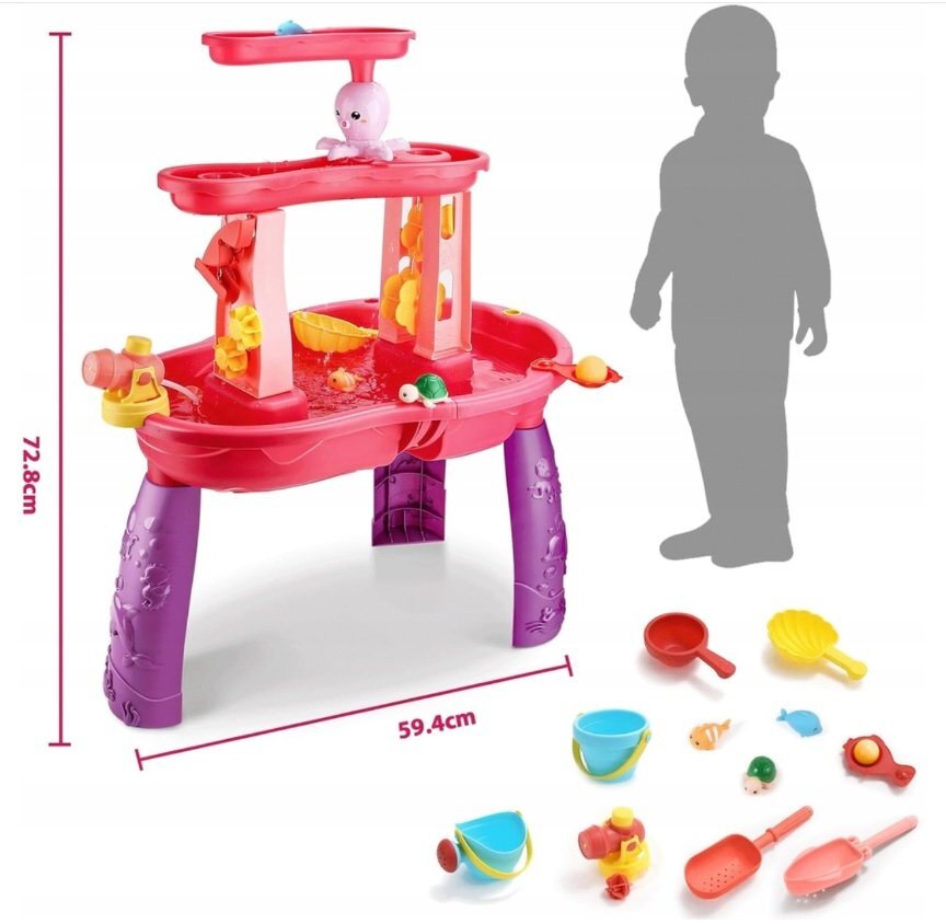 Matadi Masuta de activitati pentru apa si nisip Pink cu stropitoare galeata lopeti si forme dimensiune 72.8 x 34 x 59.4 cm
