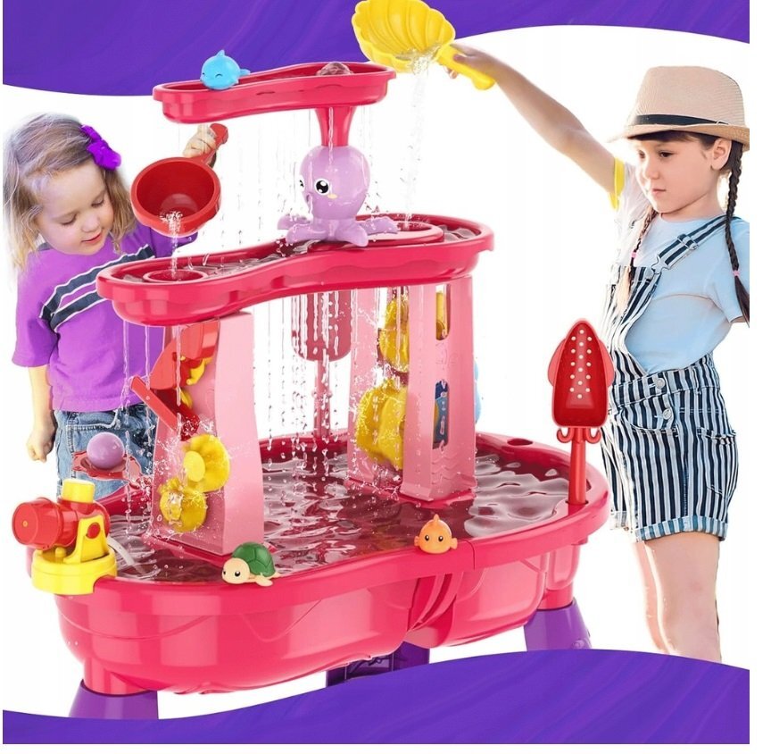 Matadi Masuta de activitati pentru apa si nisip Pink cu stropitoare galeata lopeti si forme dimensiune 72.8 x 34 x 59.4 cm