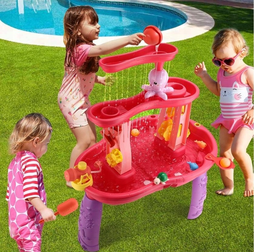 Matadi Masuta de activitati pentru apa si nisip Pink cu stropitoare galeata lopeti si forme dimensiune 72.8 x 34 x 59.4 cm