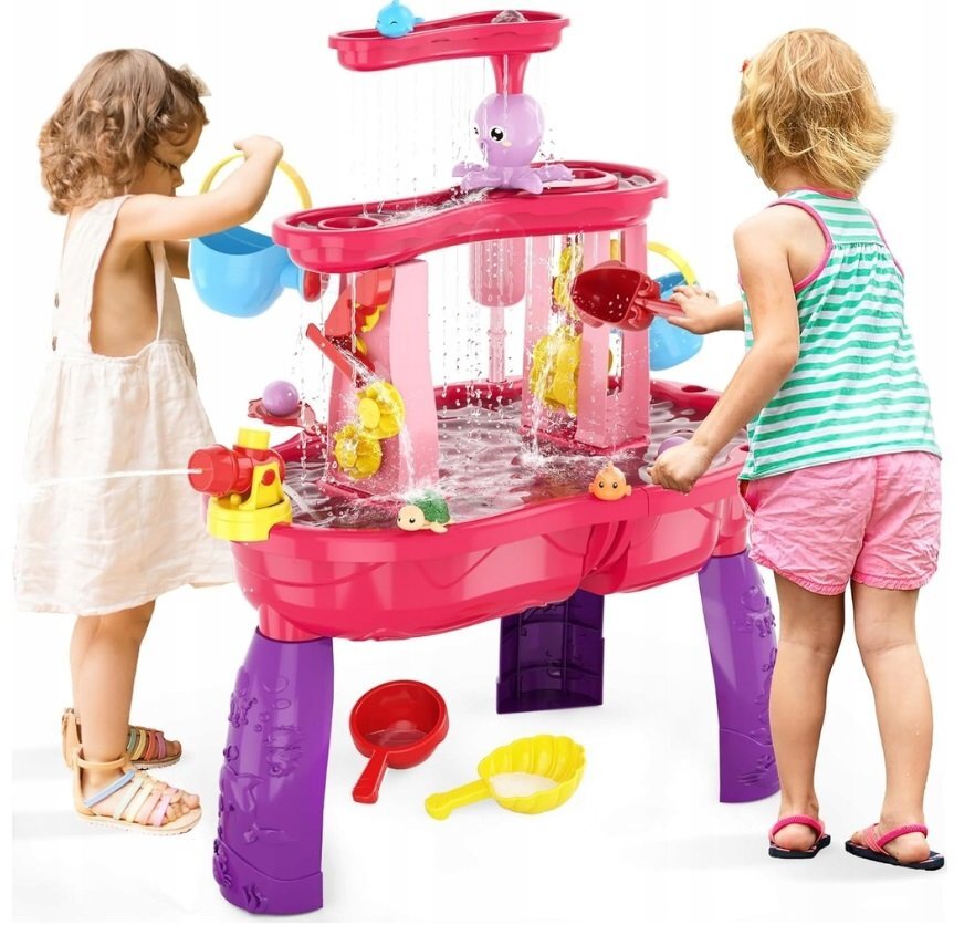 Matadi Masuta de activitati pentru apa si nisip Pink cu stropitoare galeata lopeti si forme dimensiune 72.8 x 34 x 59.4 cm