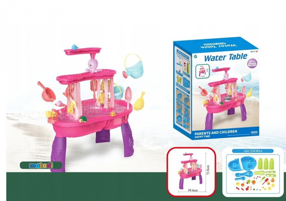 Matadi Masuta de activitati pentru apa si nisip Pink cu stropitoare galeata lopeti si forme dimensiune 72.8 x 34 x 59.4 cm