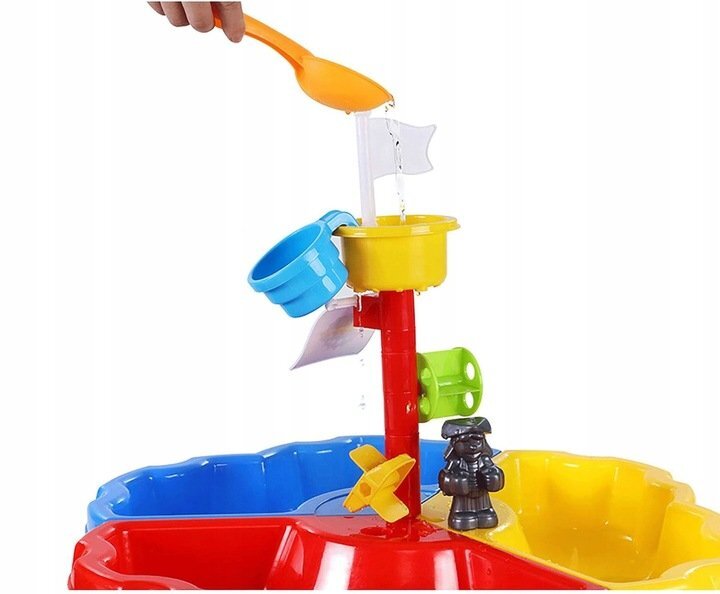 Matadi Masuta de joaca cu apa si nisip Nava piratilor cu angrenaj pentru apa 3 compartimente pentru nisip jucarii incluse dimensiune 58x78 cm