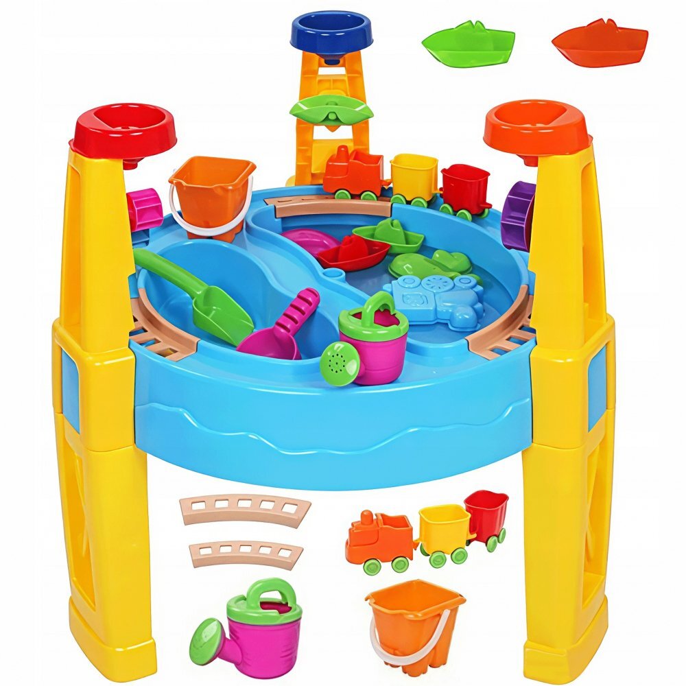 Matadi Masuta de joaca cu apa si nisip Sand and Water cu 2 compartimenteangrenaje mobilecale ferata cu 3 vagoaneustensile si forme de nisip inclusedimensiune 54x625 cm
