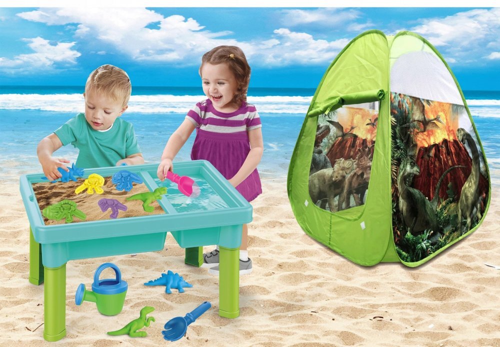 Matadi Set de joaca 3in1 pentru plaja si gradina cu cort Dino41 accesorii inclusedinozaur lansator cu bile