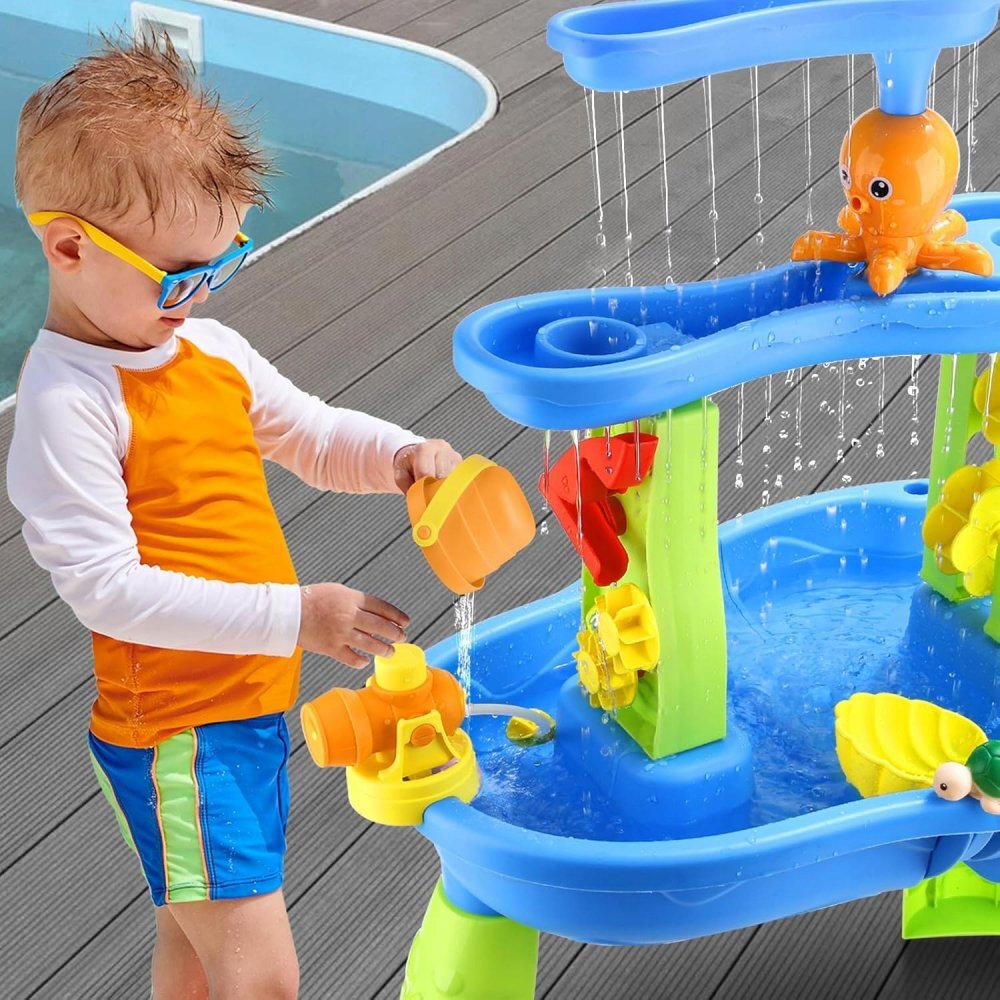 Matadi Set masa interactiva de apanisip 2in1 cu umbrela si cascada electrica Waterfall Blue cu jucarii inclusemoara de apacascadalansator de mingii si figurine