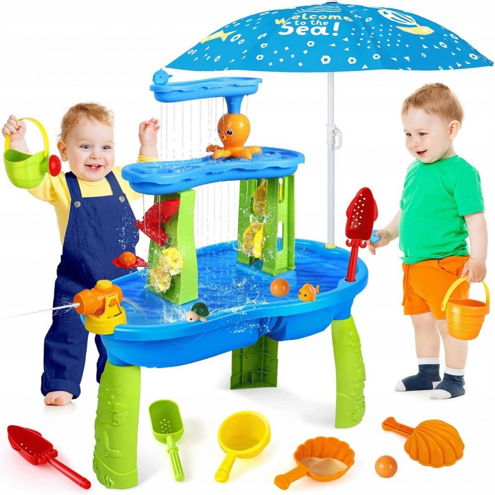 Matadi Set masa interactiva de apanisip 2in1 cu umbrela si cascada electrica Waterfall Blue cu jucarii inclusemoara de apacascadalansator de mingii si figurine