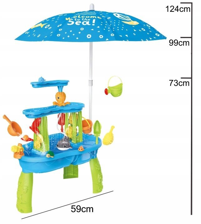 Matadi Set masa interactiva de apanisip 2in1 cu umbrela si cascada electrica Waterfall Blue cu jucarii inclusemoara de apacascadalansator de mingii si figurine