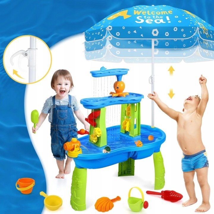 Matadi Set masa interactiva de apanisip 2in1 cu umbrela si cascada electrica Waterfall Blue cu jucarii inclusemoara de apacascadalansator de mingii si figurine
