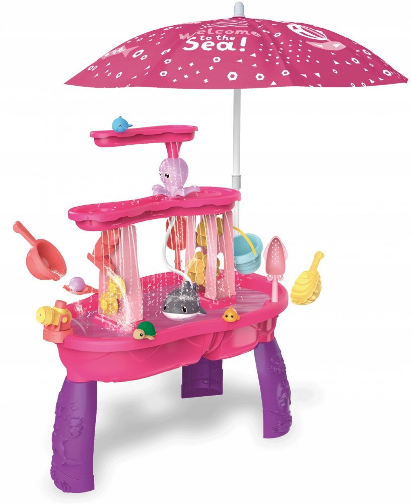 Matadi Set masa interactiva de apanisip 2in1 cu umbrela si cascada electrica Waterfall Pink cu jucarii inclusemoara de apacascadalansator de mingii si figurine