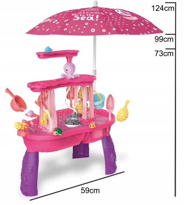 Matadi Set masa interactiva de apanisip 2in1 cu umbrela si cascada electrica Waterfall Pink cu jucarii inclusemoara de apacascadalansator de mingii si figurine