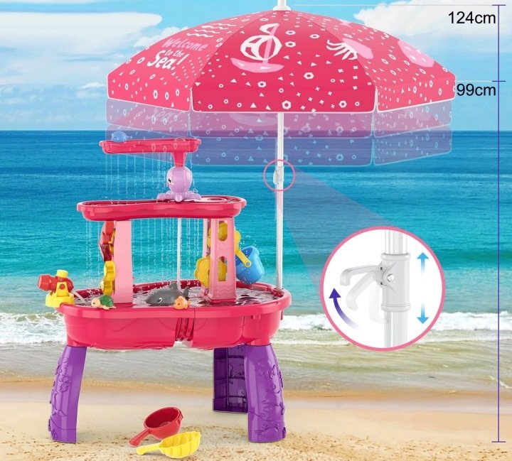Matadi Set masa interactiva de apanisip 2in1 cu umbrela si cascada electrica Waterfall Pink cu jucarii inclusemoara de apacascadalansator de mingii si figurine