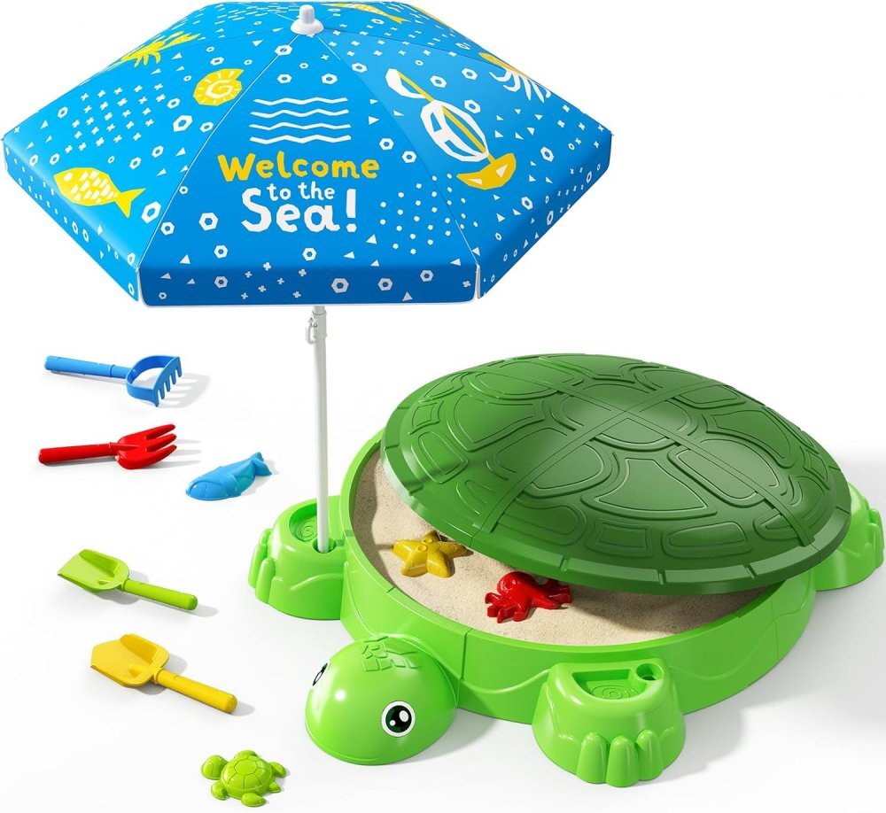 Matadi Set nisipar si umbrela copii Green Turtle cu piese modularejucarii pentru plaja inclusediametru umbrela 100 cm