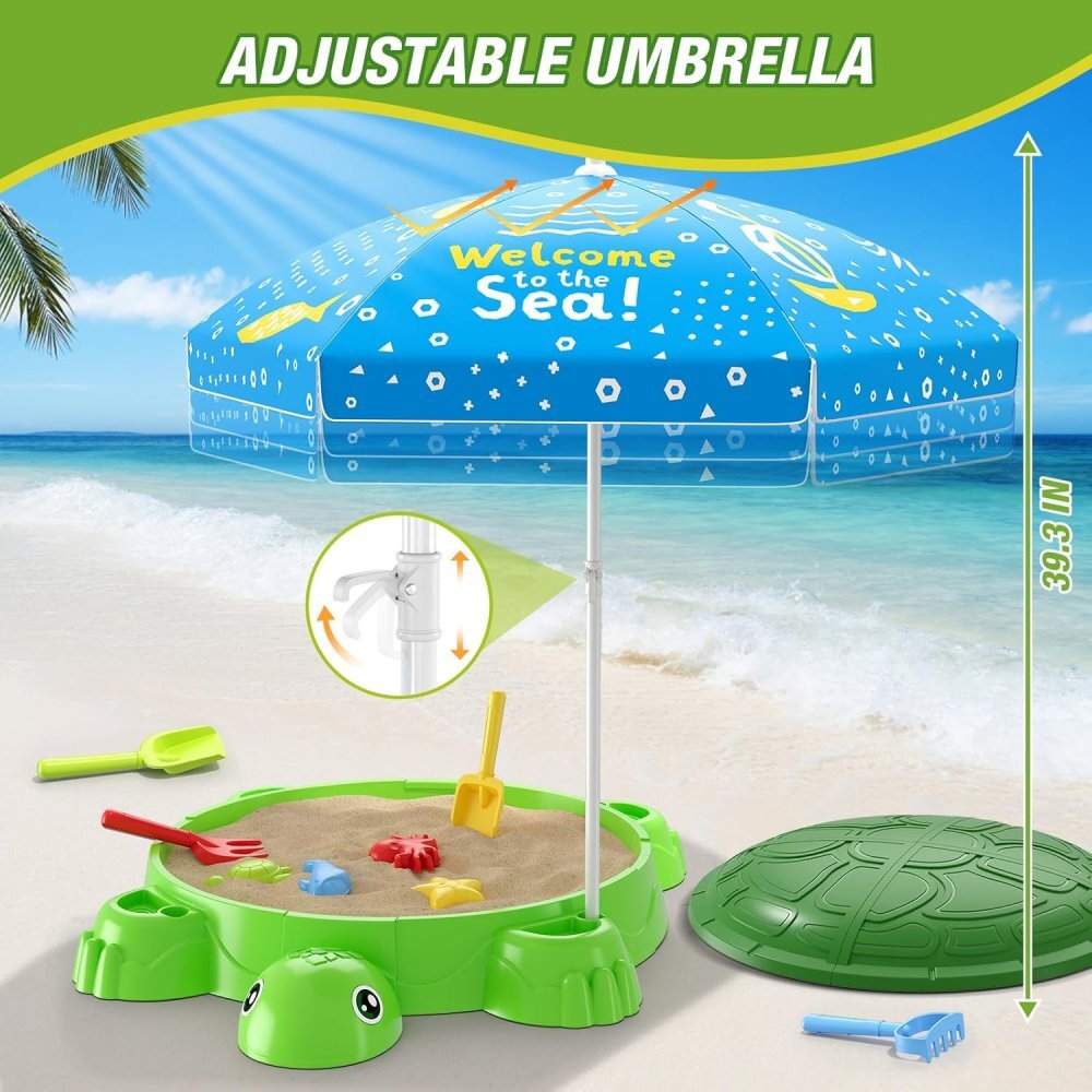 Matadi Set nisipar si umbrela copii Green Turtle cu piese modularejucarii pentru plaja inclusediametru umbrela 100 cm