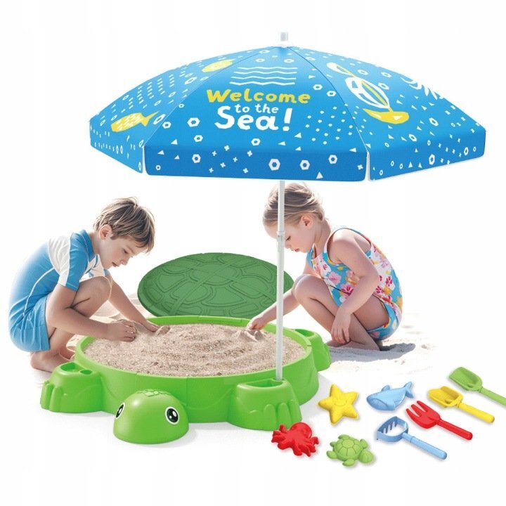 Matadi Set nisipar si umbrela copii Green Turtle cu piese modularejucarii pentru plaja inclusediametru umbrela 100 cm