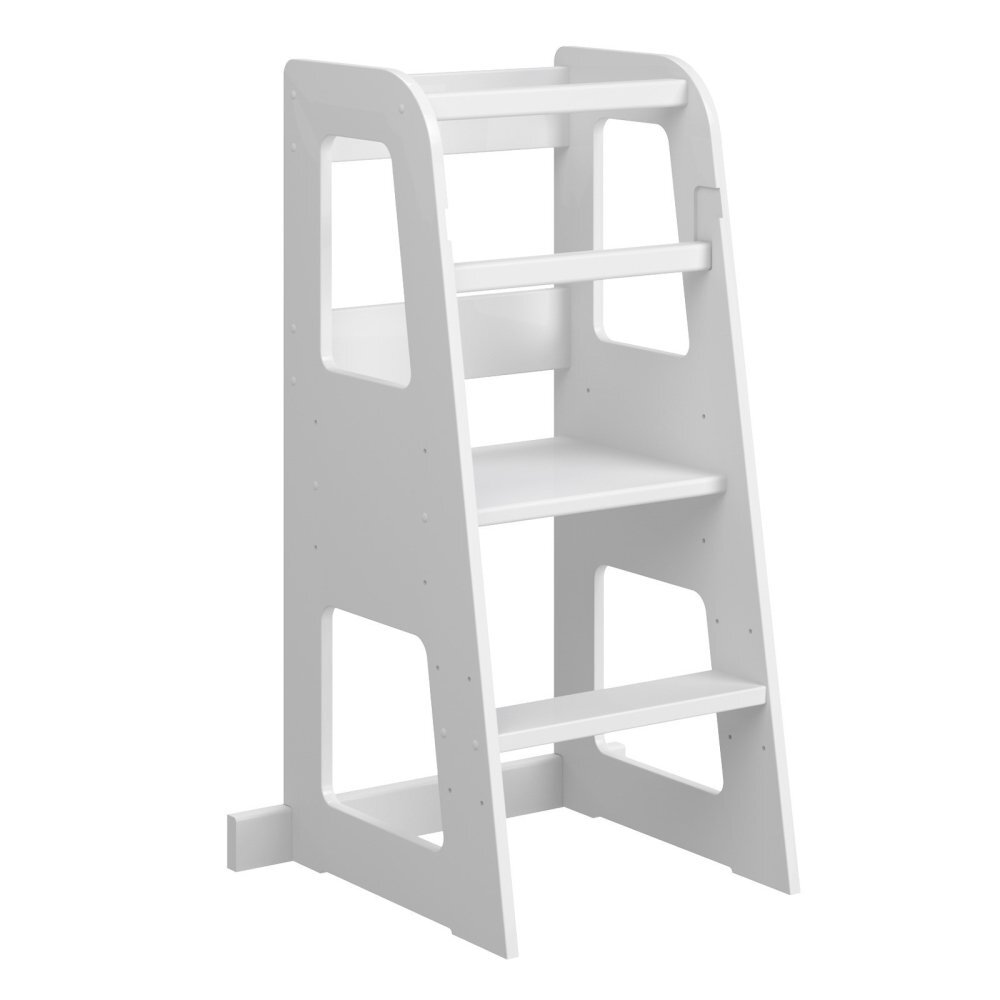 Meble Wrobel Turn de invatare din lemn pentru copii Standard White design montessori robust margini rotunjite cu platforma si trepte reglabile dimensiune 90 x 44 x 39.5 cm