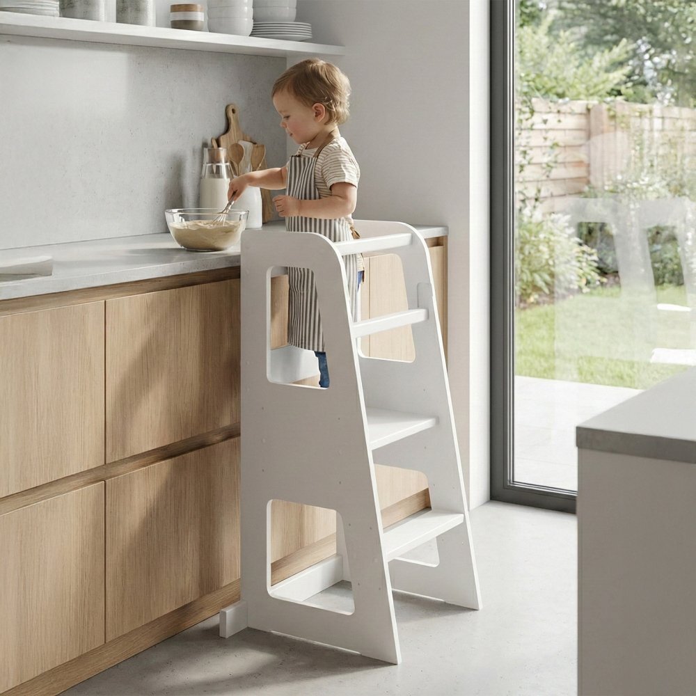 Meble Wrobel Turn de invatare din lemn pentru copii Standard White design montessori robust margini rotunjite cu platforma si trepte reglabile dimensiune 90 x 44 x 39.5 cm