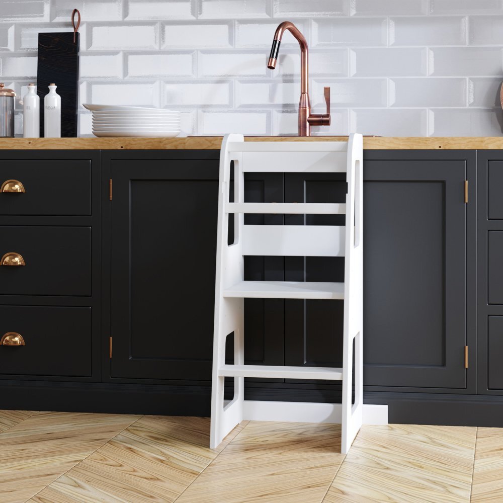 Meble Wrobel Turn de invatare din lemn pentru copii Standard White design montessori robust margini rotunjite cu platforma si trepte reglabile dimensiune 90 x 44 x 39.5 cm