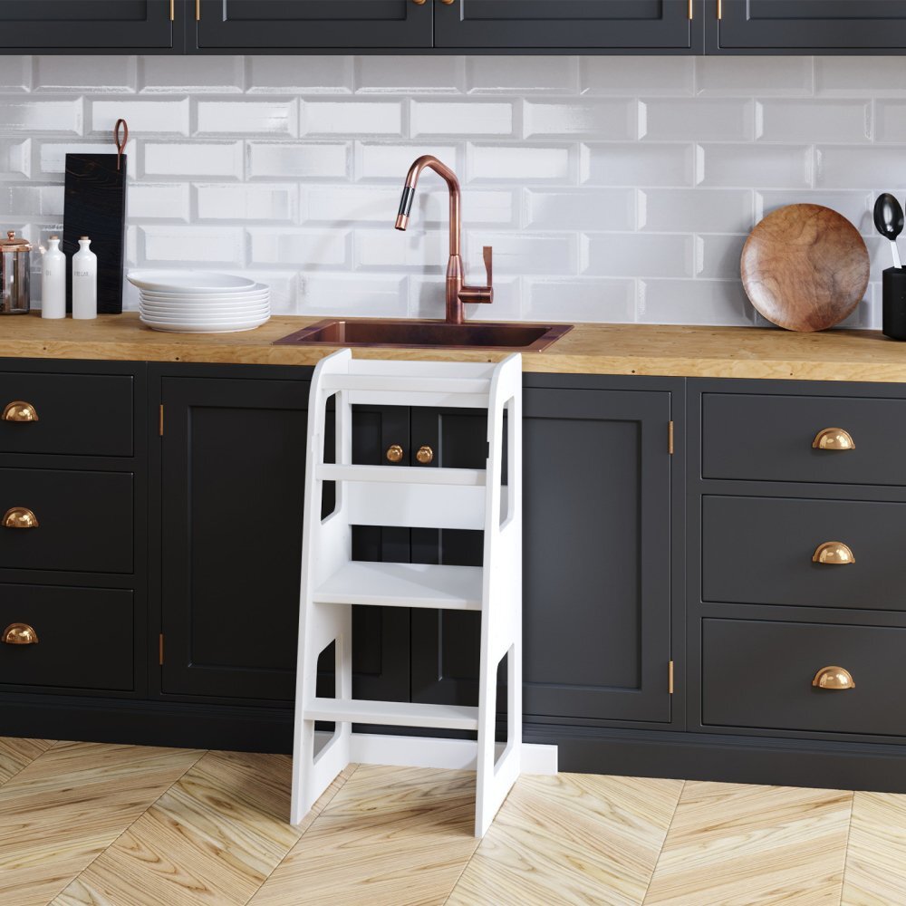 Meble Wrobel Turn de invatare din lemn pentru copii Standard White design montessori robust margini rotunjite cu platforma si trepte reglabile dimensiune 90 x 44 x 39.5 cm