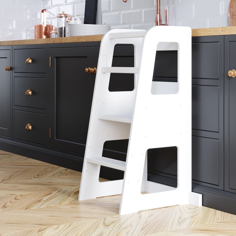 Meble Wrobel Turn de invatare din lemn pentru copii Standard White design montessori robust margini rotunjite cu platforma si trepte reglabile dimensiune 90 x 44 x 39.5 cm