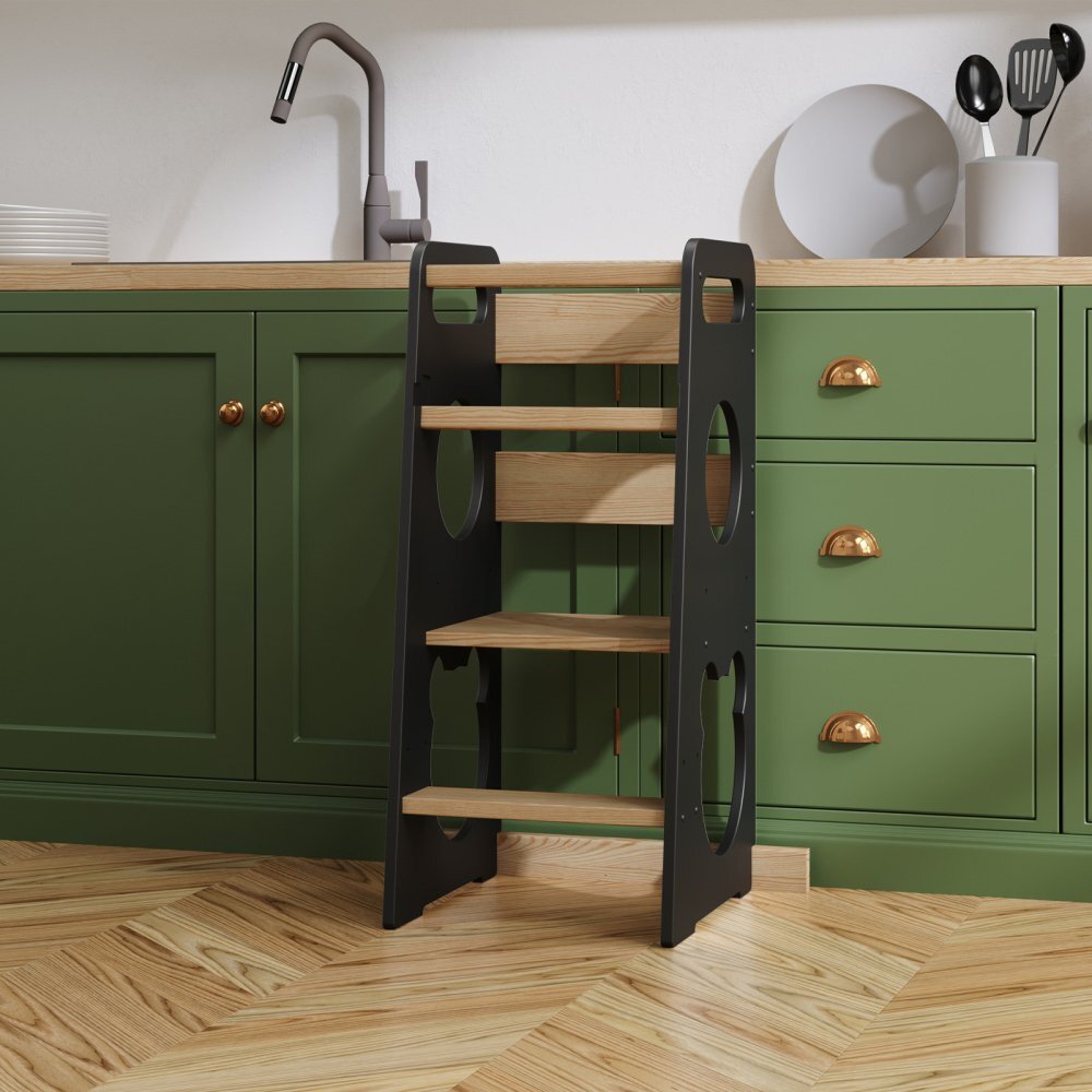 Meble Wrobel Turn de invatare din lemn pentru copii Teddy BlackPine design montessori robust margini rotunjite cu platforma si trepte reglabile dimensiune 90 x 44 x 39.5 cm