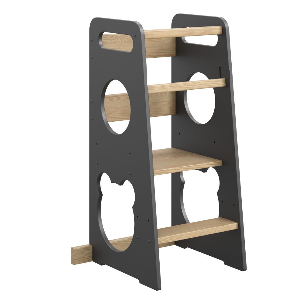 Meble Wrobel Turn de invatare din lemn pentru copii Teddy BlackPine design montessori robust margini rotunjite cu platforma si trepte reglabile dimensiune 90 x 44 x 39.5 cm