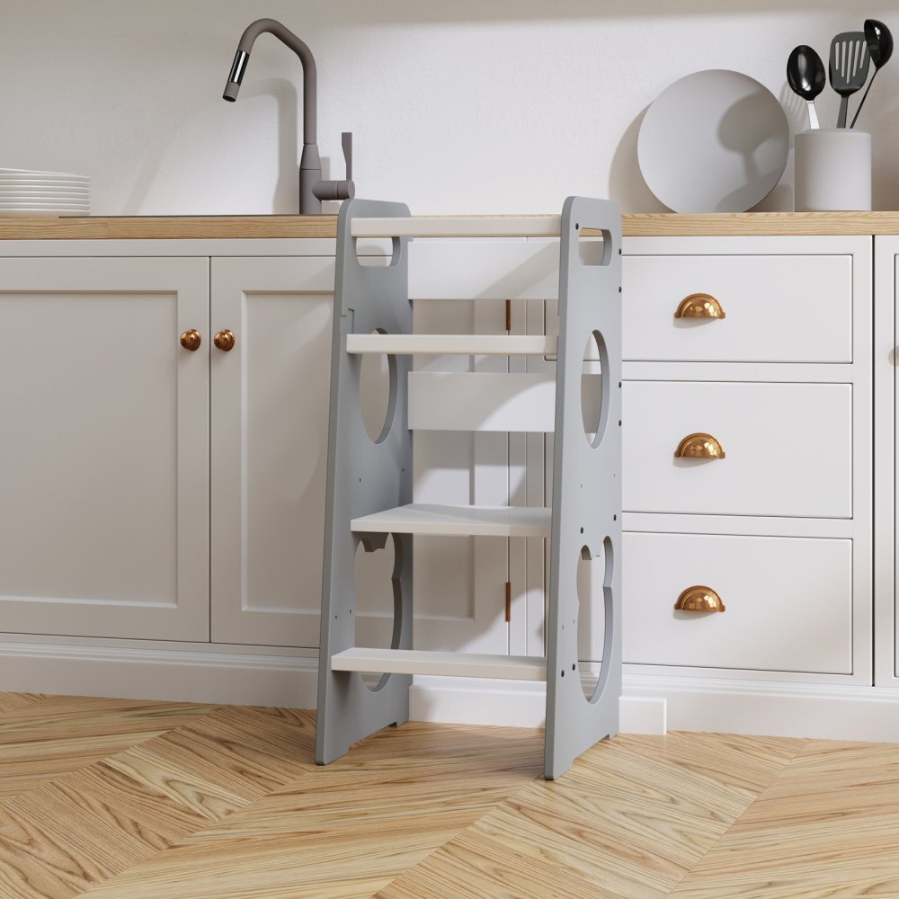 Meble Wrobel Turn de invatare din lemn pentru copii Teddy GrayWhite design montessori robust margini rotunjite cu platforma si trepte reglabile dimensiune 90 x 44 x 39.5 cm