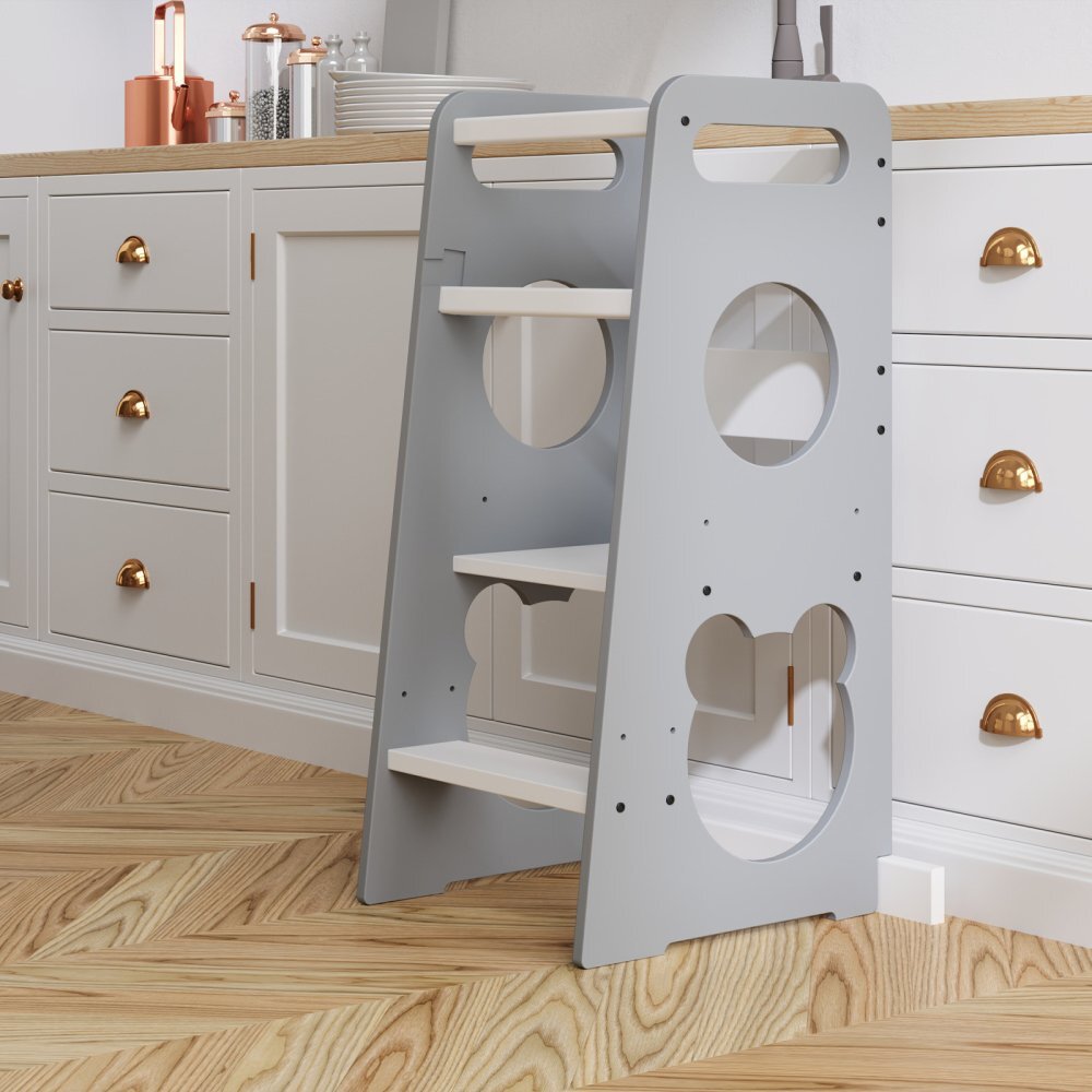 Meble Wrobel Turn de invatare din lemn pentru copii Teddy GrayWhite design montessori robust margini rotunjite cu platforma si trepte reglabile dimensiune 90 x 44 x 39.5 cm