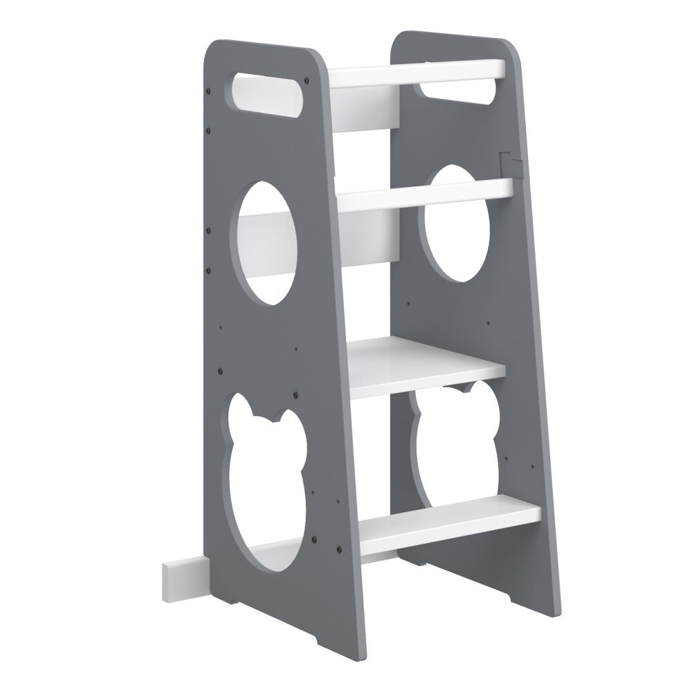 Meble Wrobel Turn de invatare din lemn pentru copii Teddy GrayWhite design montessori robust margini rotunjite cu platforma si trepte reglabile dimensiune 90 x 44 x 39.5 cm