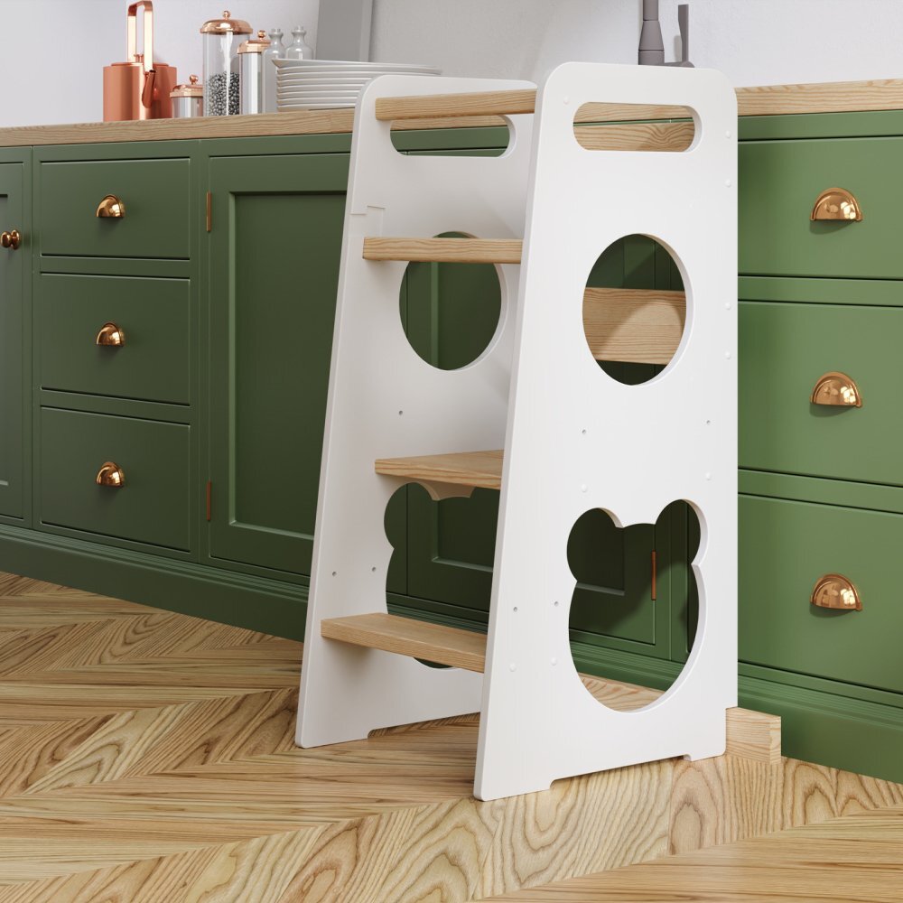 Meble Wrobel Turn de invatare din lemn pentru copii Teddy WhitePine design montessori robust margini rotunjite cu platforma si trepte reglabile dimensiune 90 x 44 x 39.5 cm