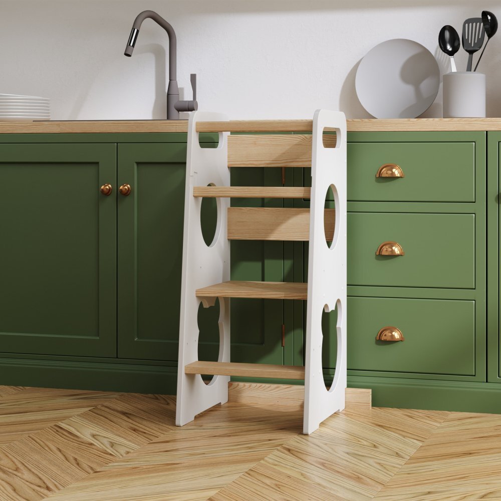 Meble Wrobel Turn de invatare din lemn pentru copii Teddy WhitePine design montessori robust margini rotunjite cu platforma si trepte reglabile dimensiune 90 x 44 x 39.5 cm
