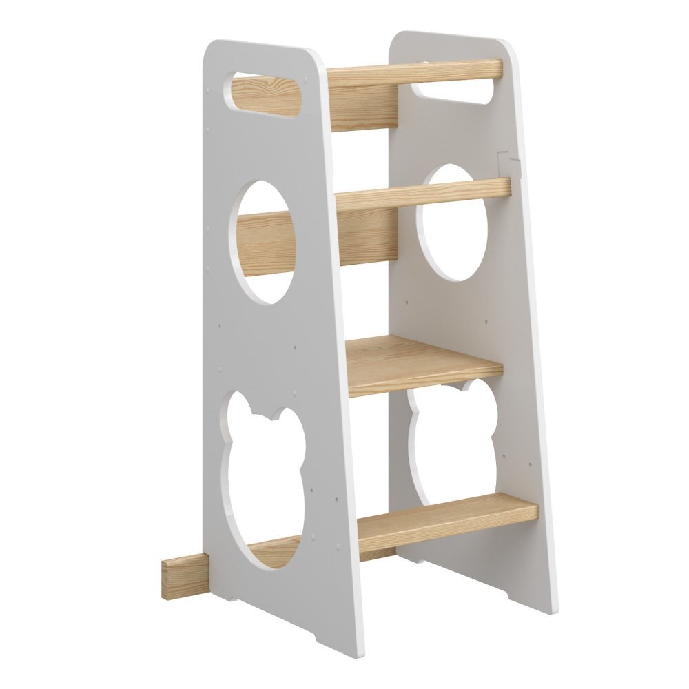 Meble Wrobel Turn de invatare din lemn pentru copii Teddy WhitePine design montessori robust margini rotunjite cu platforma si trepte reglabile dimensiune 90 x 44 x 39.5 cm