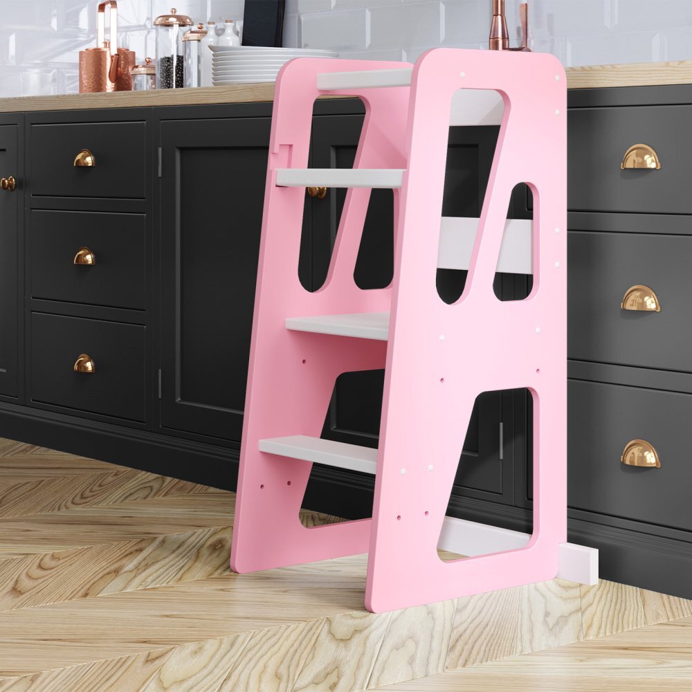 Meble Wrobel Turn de invatare din lemn pentru copii Triangle PinkWhite design montessori robust margini rotunjite cu platforma si trepte reglabile dimensiune 90 x 44 x 39.5 cm