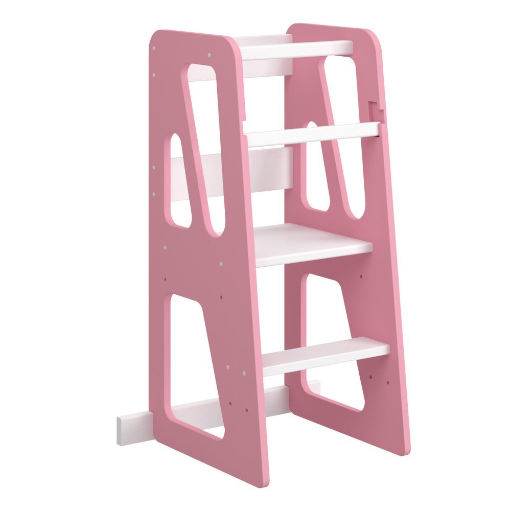 Meble Wrobel Turn de invatare din lemn pentru copii Triangle PinkWhite design montessori robust margini rotunjite cu platforma si trepte reglabile dimensiune 90 x 44 x 39.5 cm