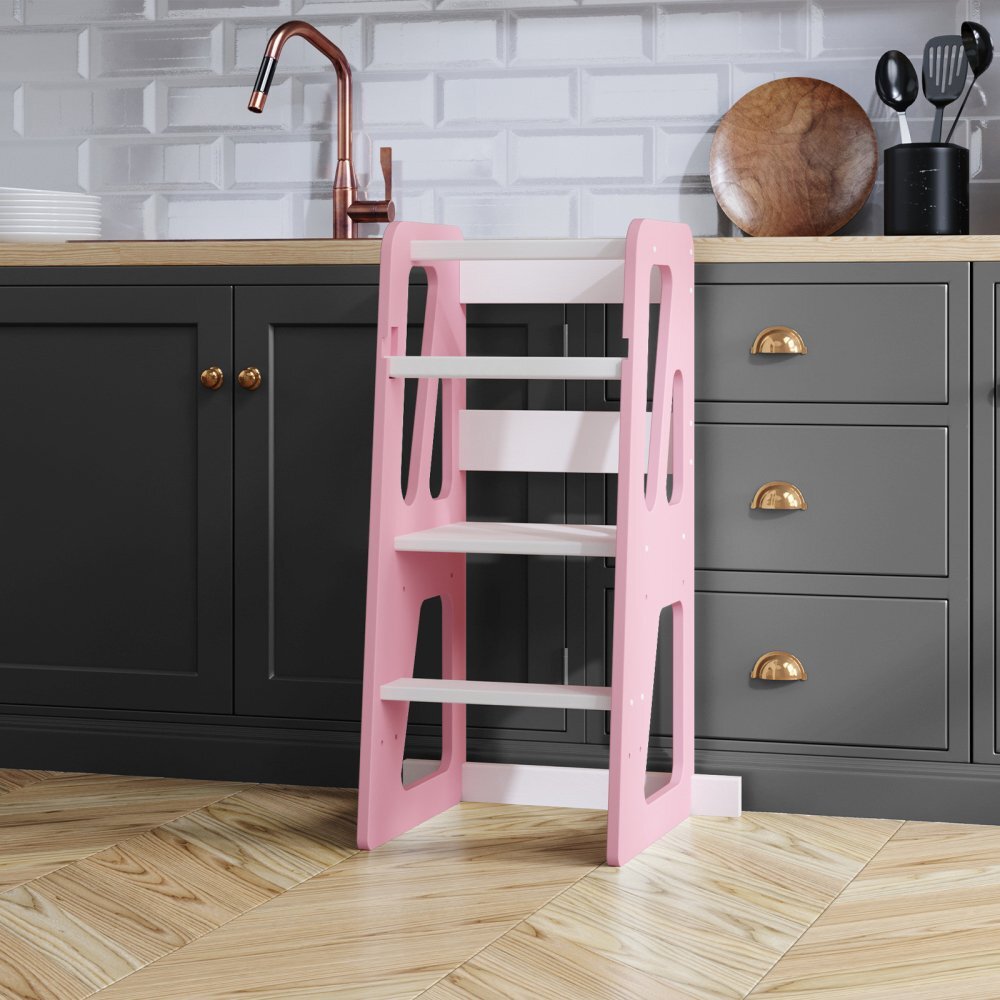 Meble Wrobel Turn de invatare din lemn pentru copii Triangle PinkWhite design montessori robust margini rotunjite cu platforma si trepte reglabile dimensiune 90 x 44 x 39.5 cm