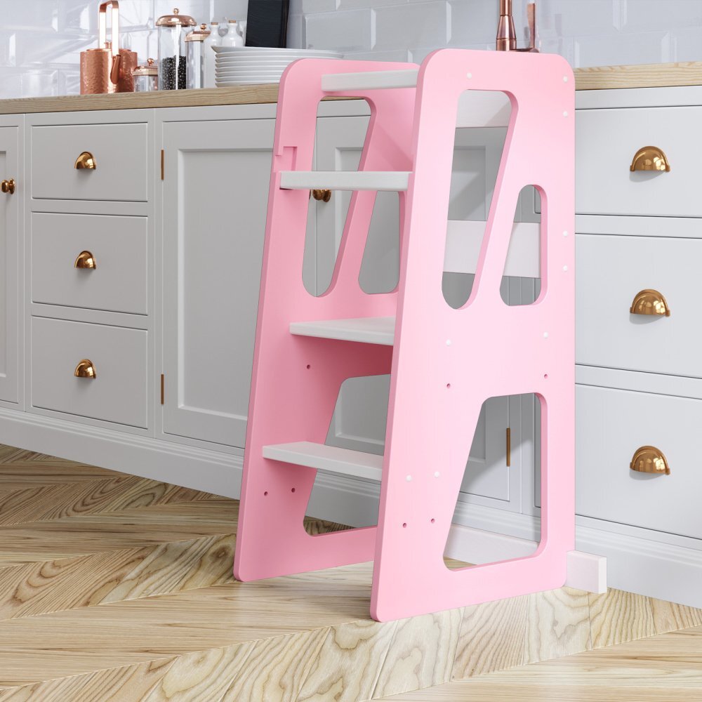 Meble Wrobel Turn de invatare din lemn pentru copii Triangle PinkWhite design montessori robust margini rotunjite cu platforma si trepte reglabile dimensiune 90 x 44 x 39.5 cm