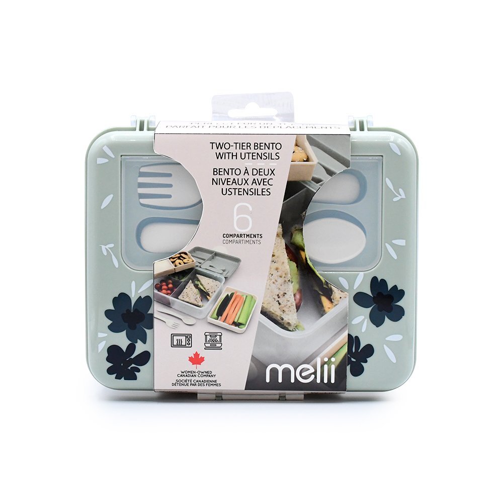 Melii Cutie pentru pranz bento cu 2 nivele si tacamuri flori albastre