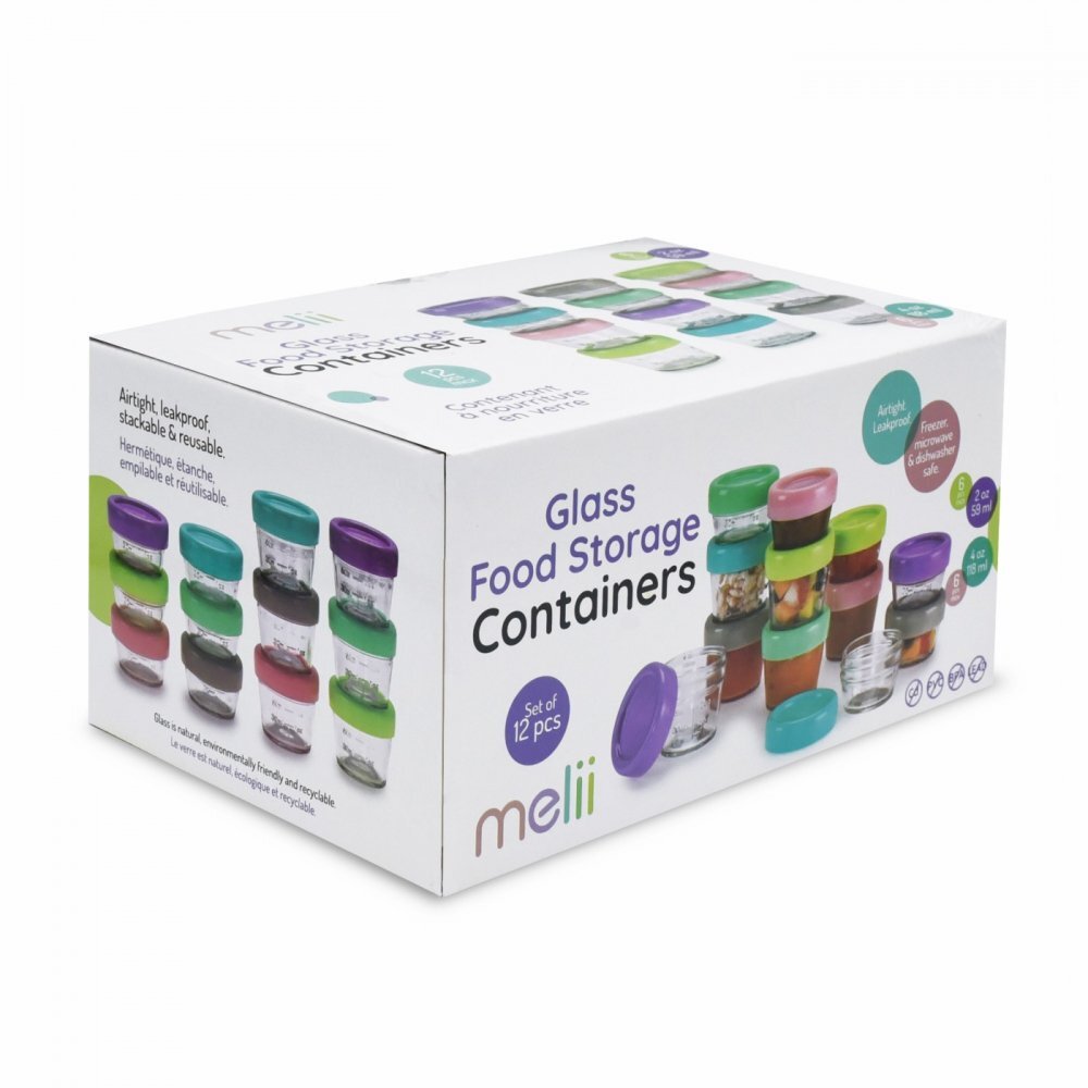 Melii Set 12 recipiente sticla pentru hrana bebe 6x59 ml + 6x118 ml