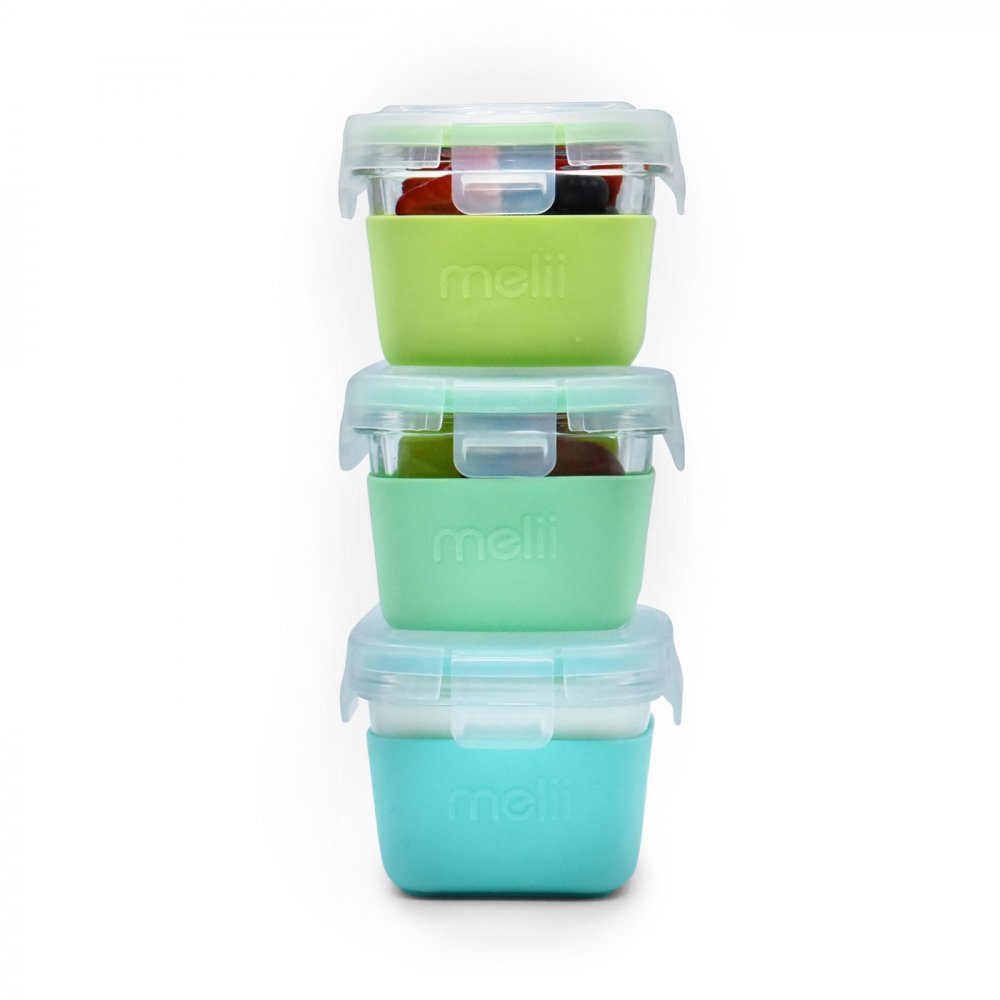 Melii Set 3 recipiente sticla cu husa din silicon bluemint lime 160 ml