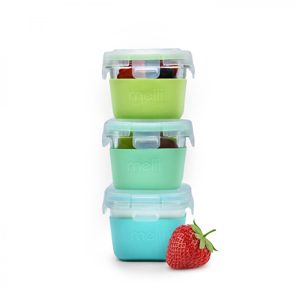 Melii Set 3 recipiente sticla cu husa din silicon bluemint lime 160 ml