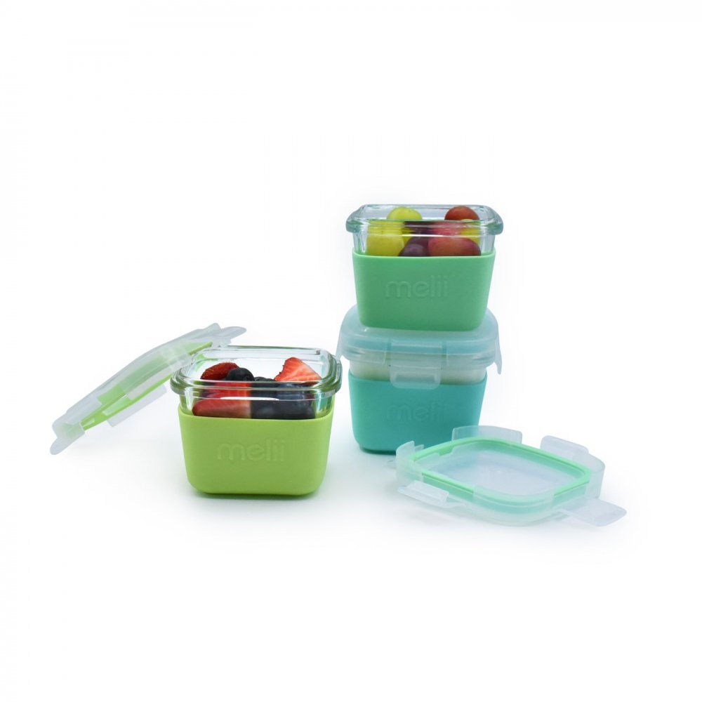 Melii Set 3 recipiente sticla cu husa din silicon bluemint lime 160 ml