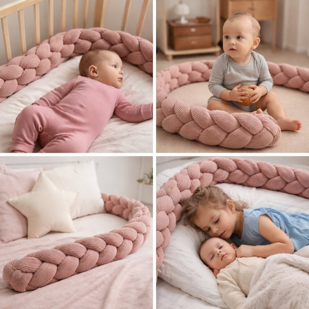 MeowBaby® Bumper impletit pentru patut MeowBaby Aesthetic Power Pink 200 cm