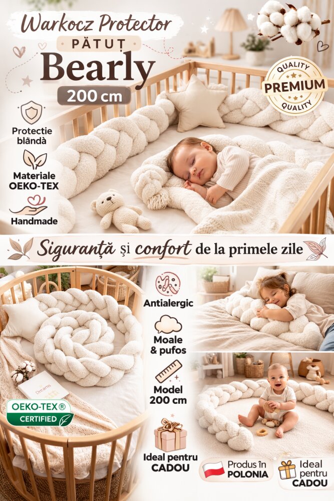 MeowBaby® Bumper impletit pentru patut MeowBaby Bearly Cream 200 cm