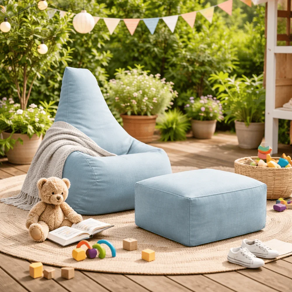MeowBaby® Fotoliu tip puf Premium MeowBaby Tearo Outzy Cloudberry Sky Blue Sako bag cu suport pentru picioare